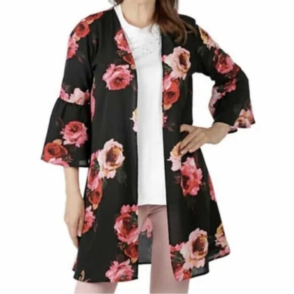 NEW Bellina Black Red Pink Floral Kimono Swim Coverup Size Small bin 3A - Picture 1 of 5